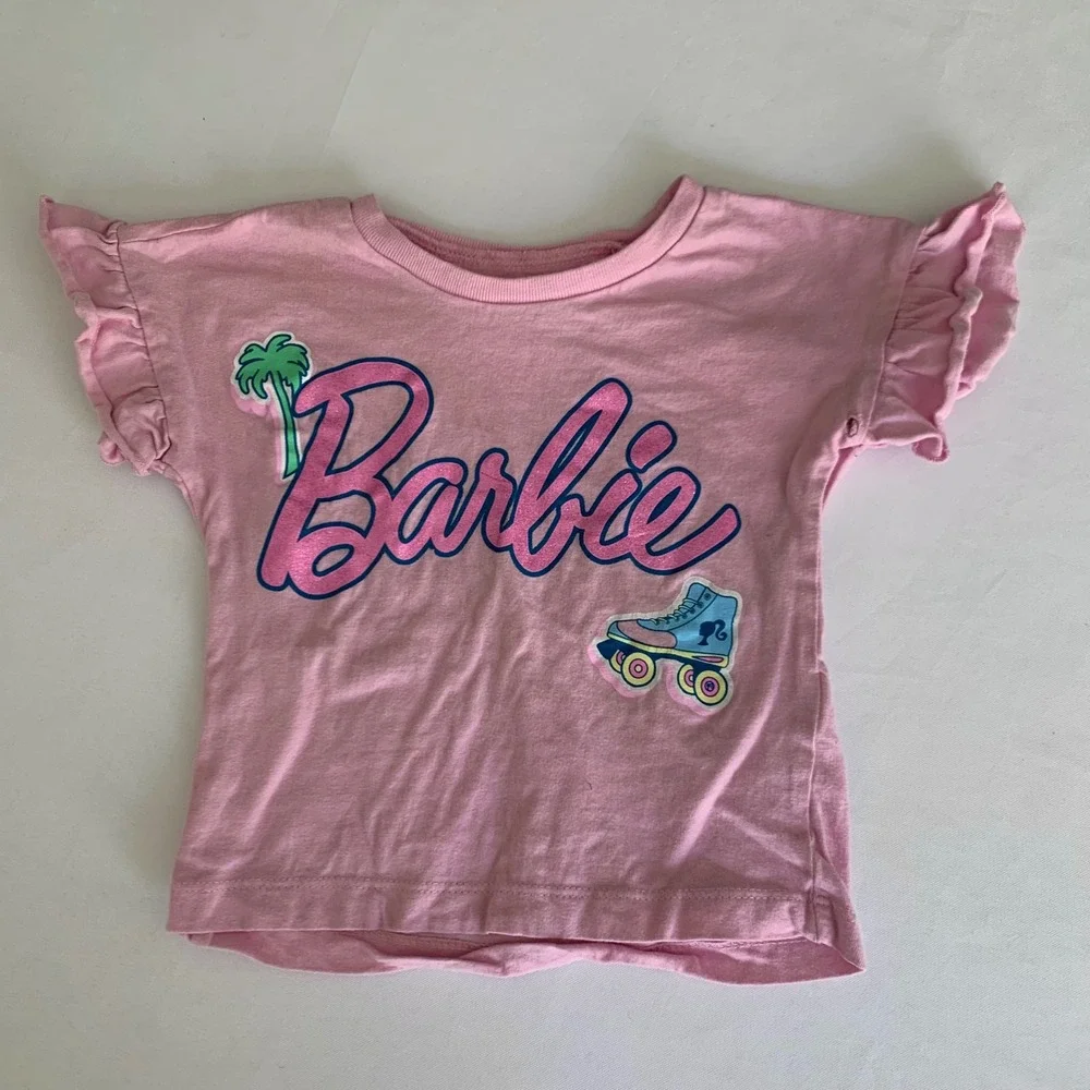 Barbie Shirt Girls 18M Pink Ruffle Sleeve Graphic Tee Roller Skate Mattel Preppy